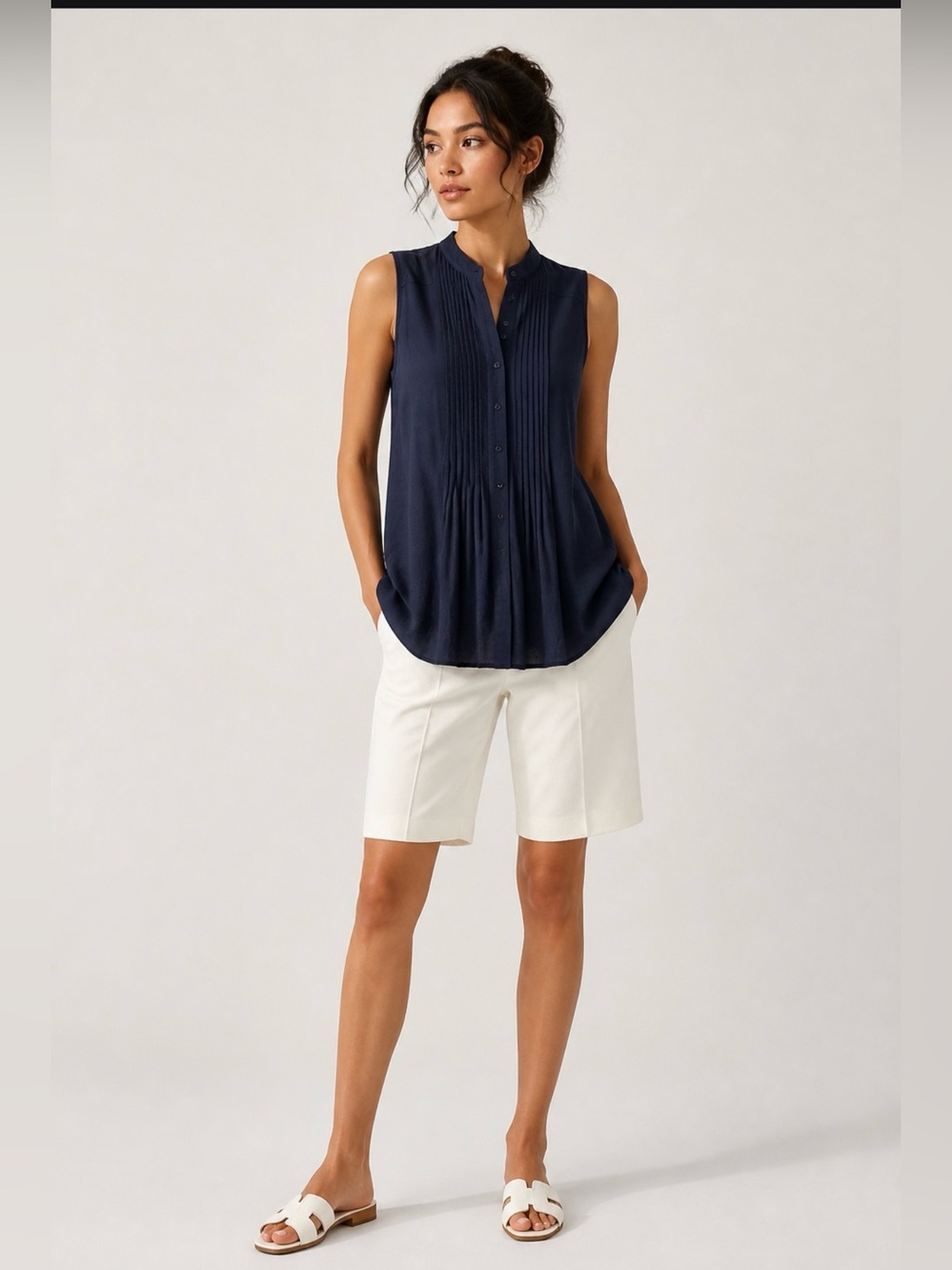 Sleeveless Navy Pintuck Button Front Top size 12 & Chico shorts size 2 EUC